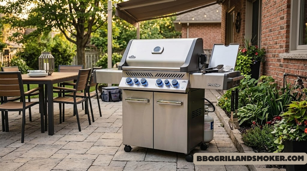 Napoleon Prestige 500 propane gas grill on patio