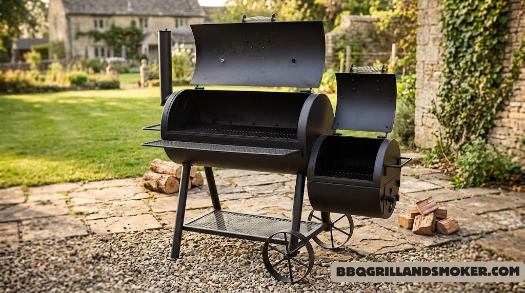 Oklahoma Joe Highland Smoker full view with firebox and wagon wheels