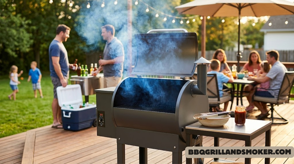 Pellet grill with smoke rising, backyard BBQ setup