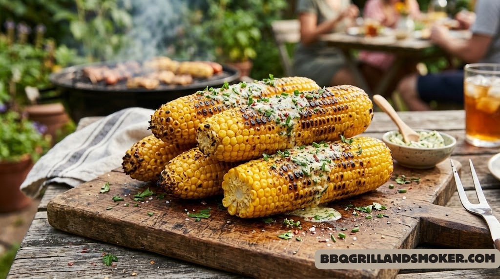 Perfectly charred BBQ grilled corn on the cob with herb butter on a wooden board