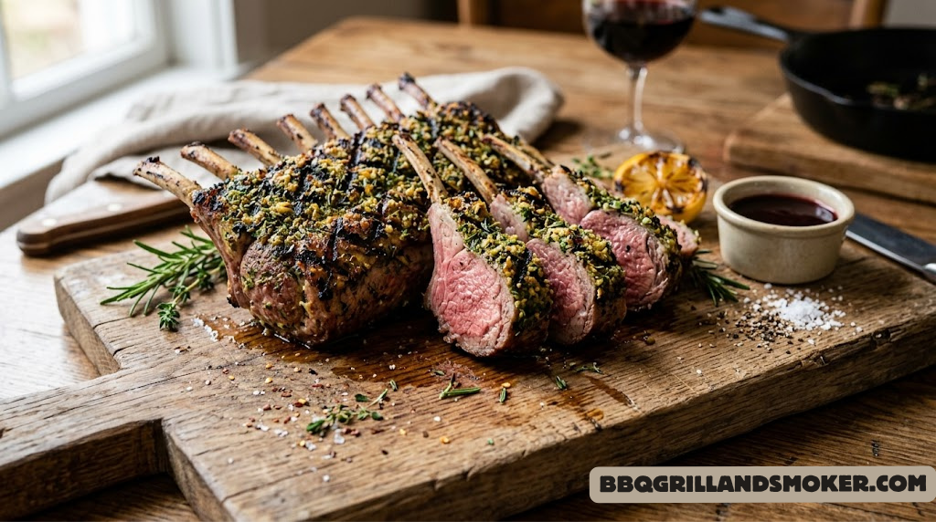 Perfectly grilled rack of lamb chops with herb crust and grill marks on a wooden board
