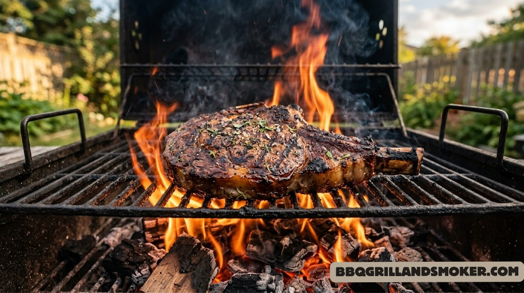 Perfectly grilled ribeye steak on a hot charcoal grill with flames