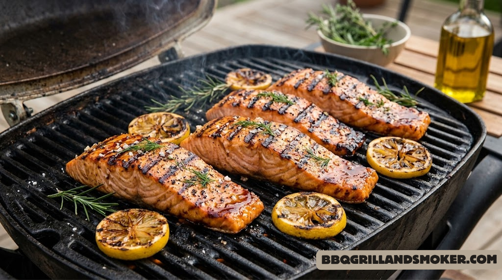 Perfectly grilled salmon fillets with char marks on a barbecue grill with lemon slices