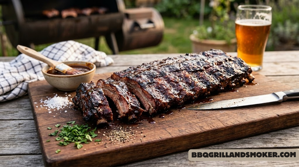 Perfectly smoked BBQ baby back ribs with caramelized glaze on a cutting board
