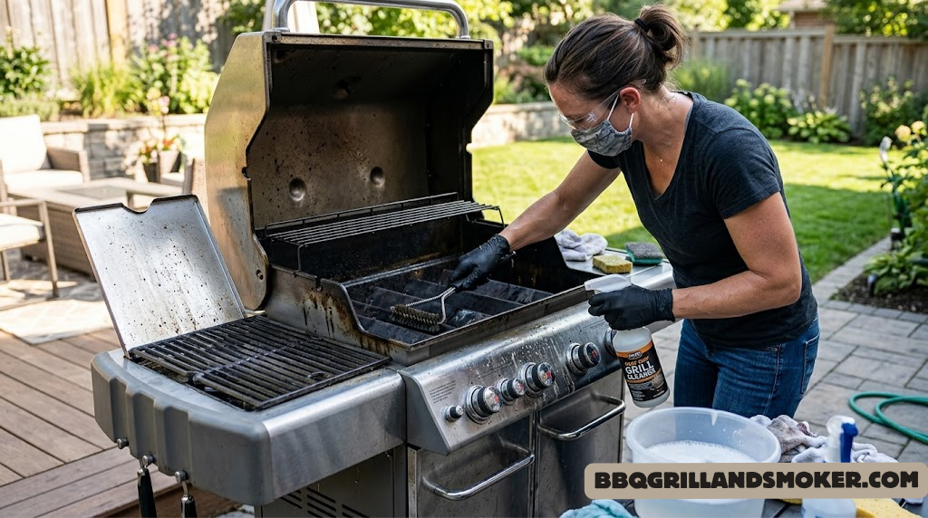 Person deep cleaning a stainless steel gas grill outdoors