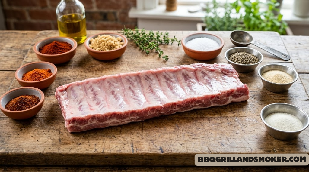 Raw rack of baby back ribs ready for seasoning with dry rub ingredients alongside