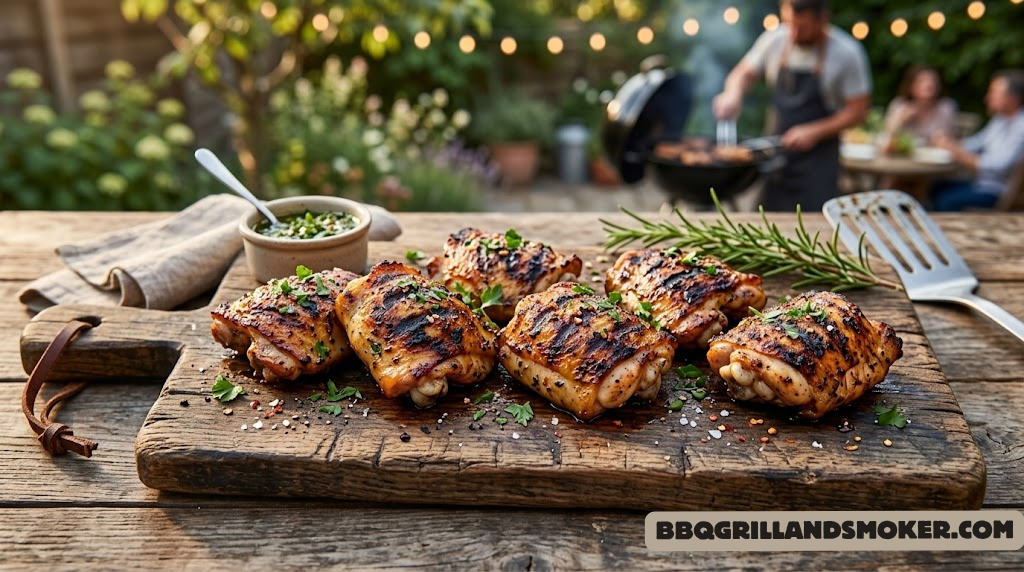 Six grilled chicken thighs with crispy charred skin and visible grill marks on a wooden board
