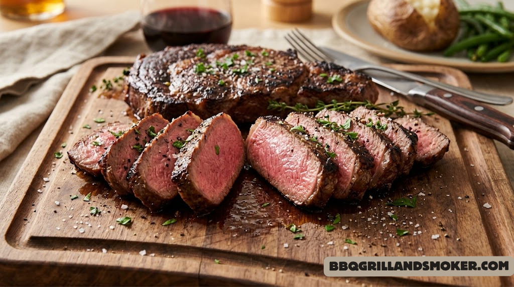 Sliced ribeye steak showing perfect medium-rare pink center on a wood cutting board