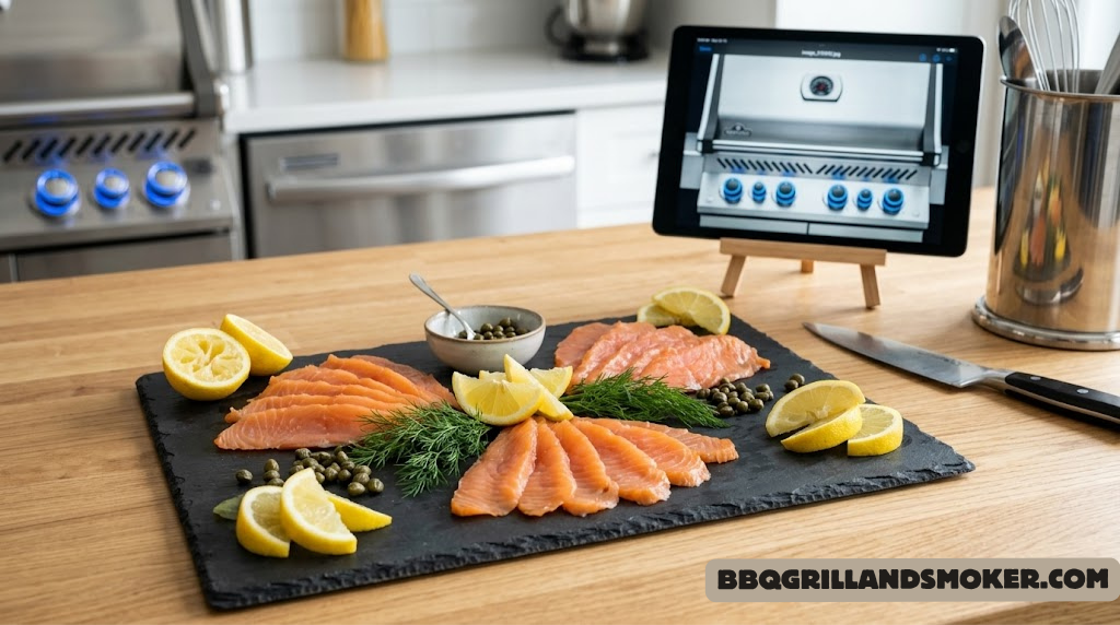 Sliced smoked salmon on a dark slate board with lemon wedges, fresh dill, and capers