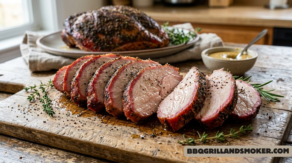 Sliced smoked turkey breast showing juicy interior and smoke ring
