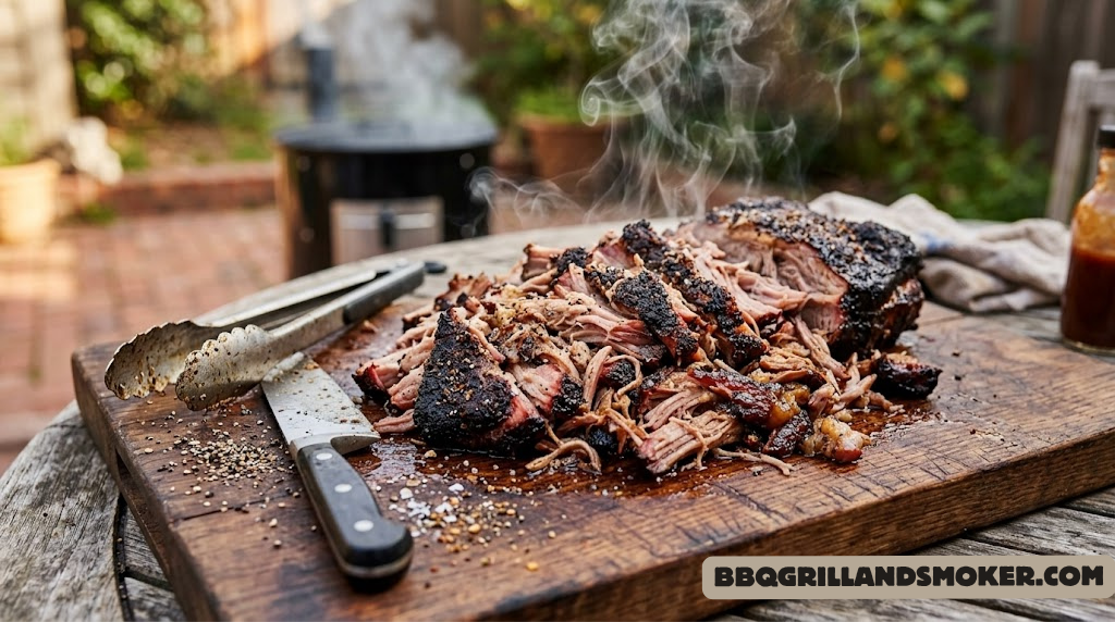 Smoked pulled pork on a cutting board with bark and smoke