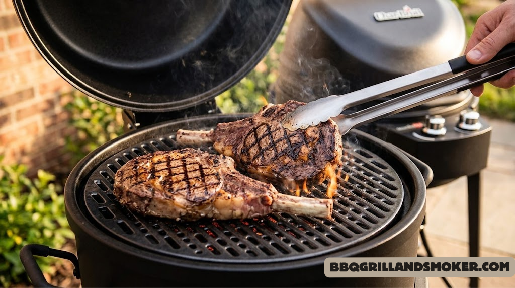 Steaks searing on a Char-Broil TRU-Infrared grill grate with beautiful sear marks