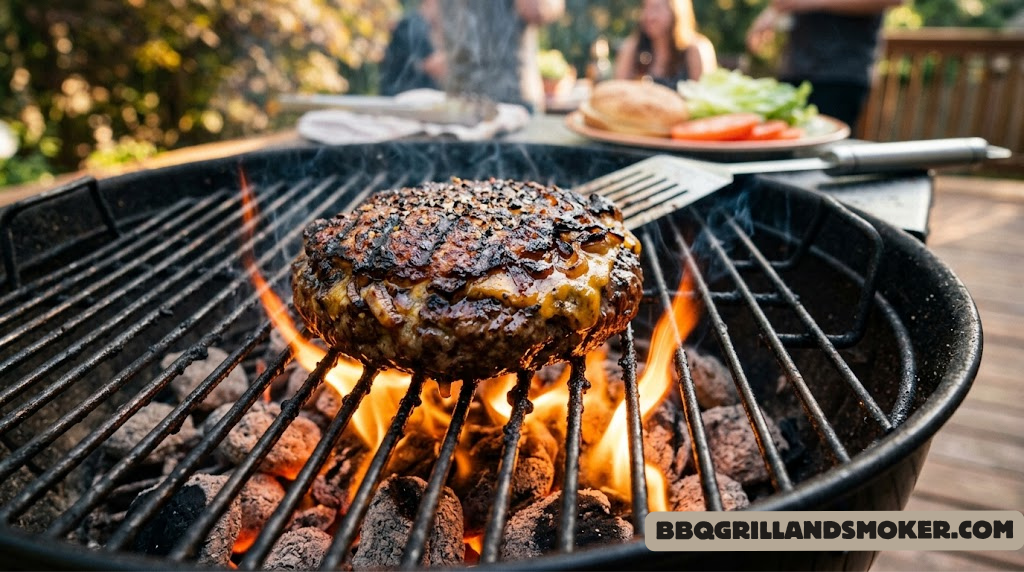 Thick, juicy grilled burger with caramelized crust on a charcoal grill, flames visible below