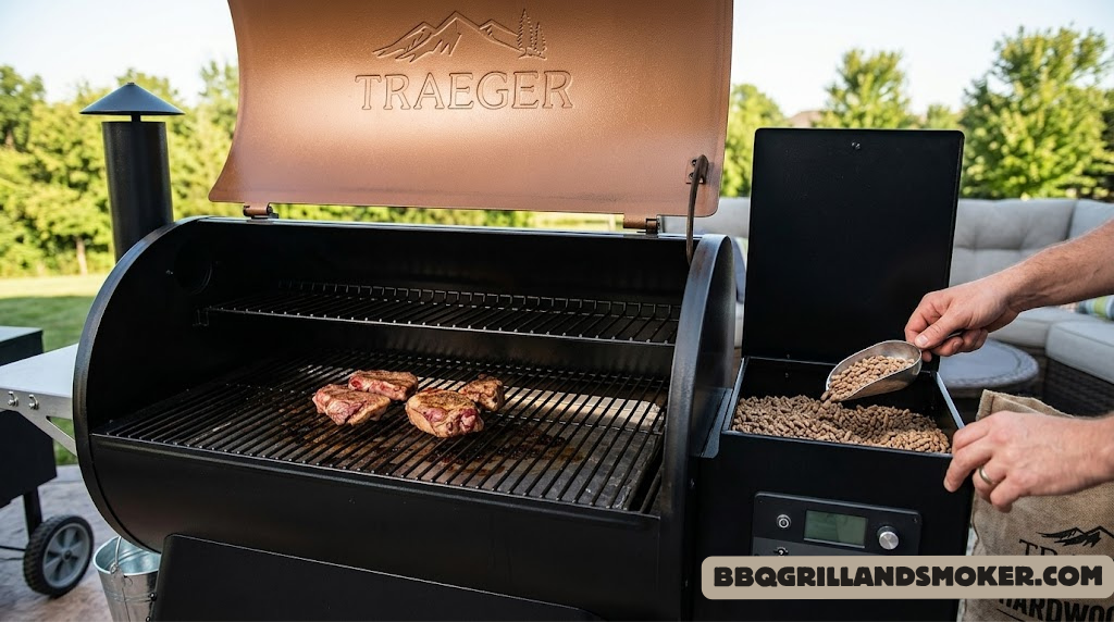 Traeger Pro 575 grill open showing cooking grates and hopper