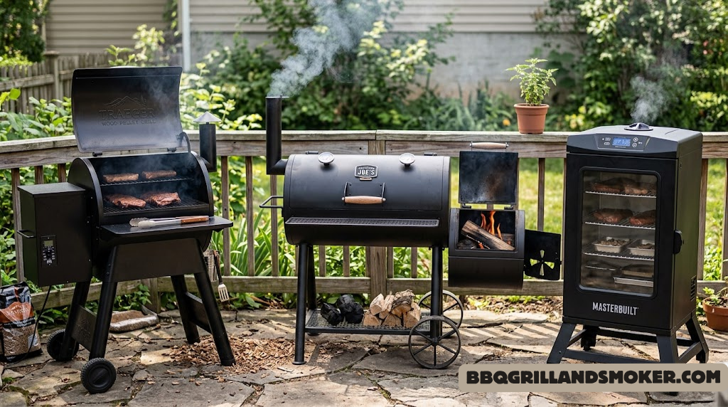 Various types of smokers including pellet, offset, and electric side by side