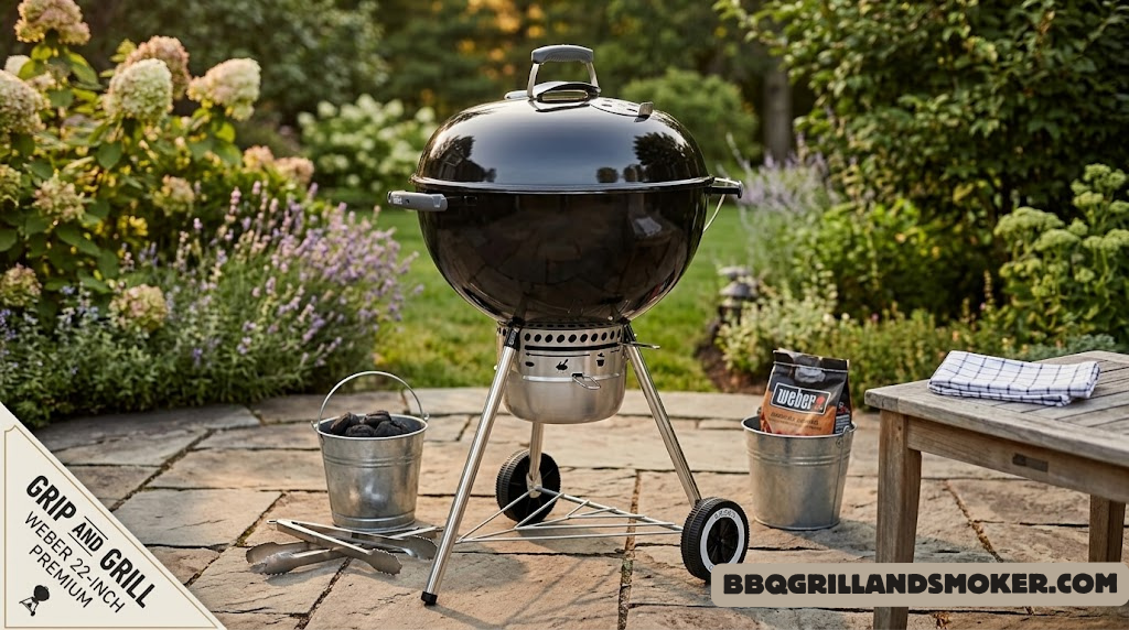 Weber 22-inch Original Kettle Premium charcoal grill on a backyard patio