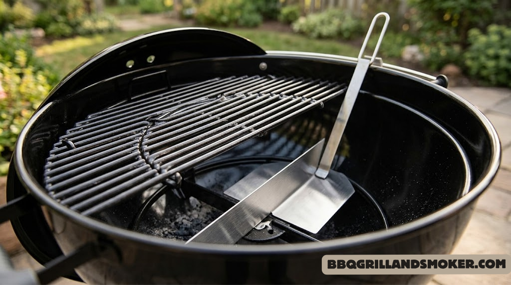 Weber 22-inch kettle grill close-up showing porcelain-coated grates and One-Touch cleaning system