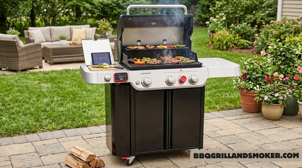 Weber Genesis EX-335 smart gas grill with three burners, sear zone, and Weber Connect hub on a backyard patio