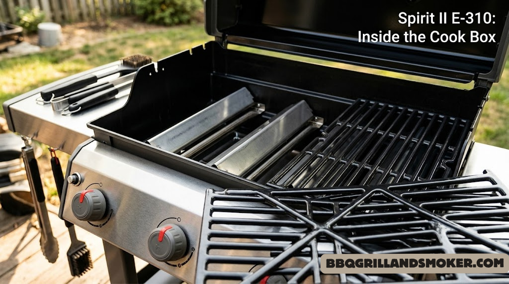 Weber Spirit II E-310 grill open showing porcelain-enameled cast iron grates and three burners